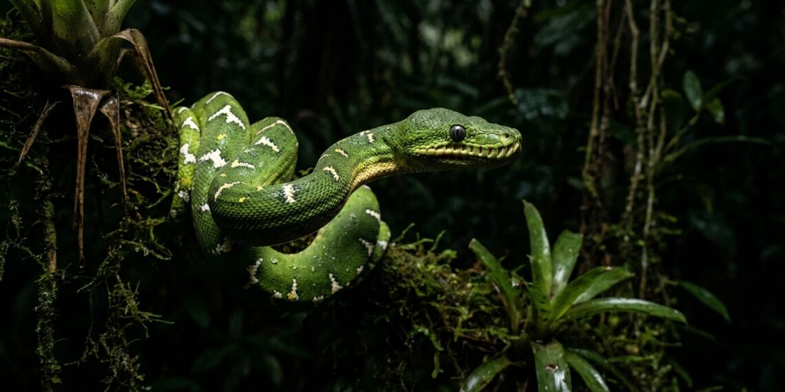 Cobra-papagaio adulta verde de dois metros armada para bote em galho na floresta amazônica à noite.