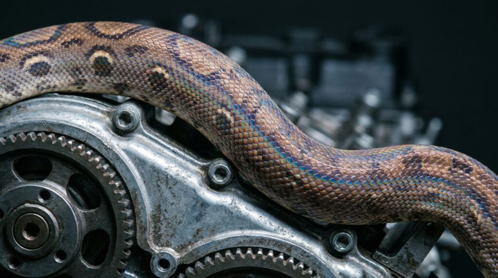 Detalhe em macro das escamas e padrão de pele de uma serpente sobre componente mecânico metálico.