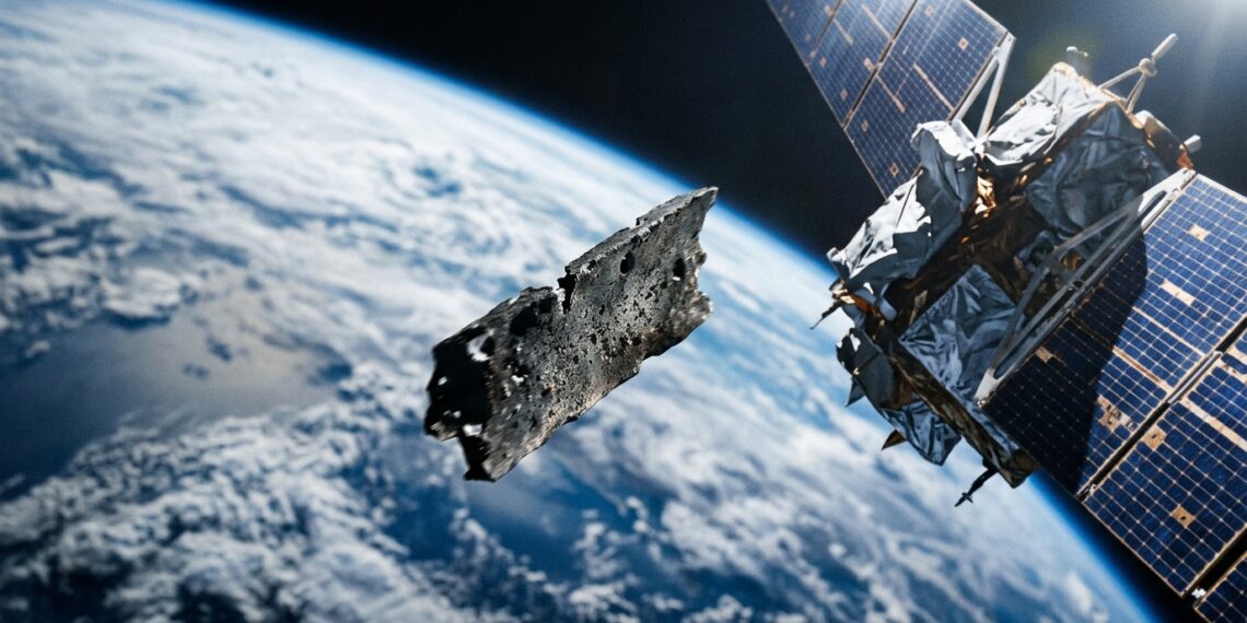 Fragmento metálico irregular de lixo espacial flutuando em alta velocidade próximo aos painéis solares de um satélite na órbita da Terra
