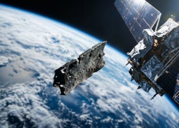 Fragmento metálico irregular de lixo espacial flutuando em alta velocidade próximo aos painéis solares de um satélite na órbita da Terra