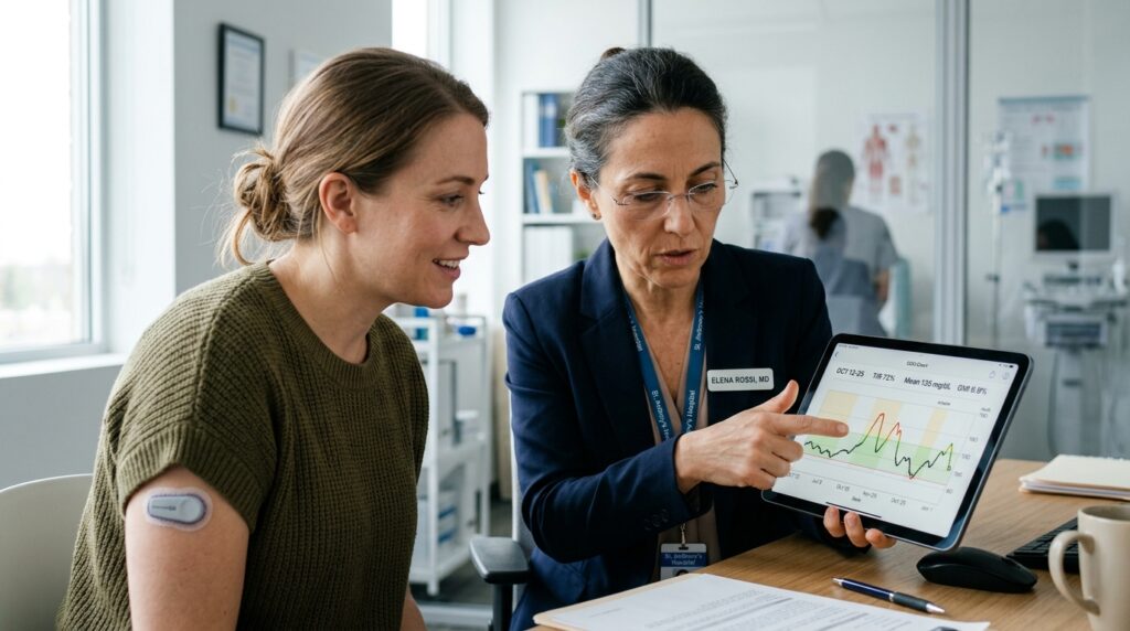 Médico endocrinologista avaliando gráfico de glicemia em tablet durante atendimento clínico com paciente
