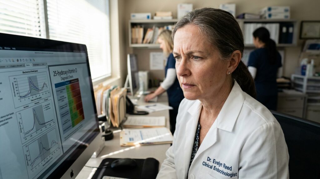 Médica endocrinologista analisando resultados de dosagem de 25-hidroxivitamina D em consultório médico