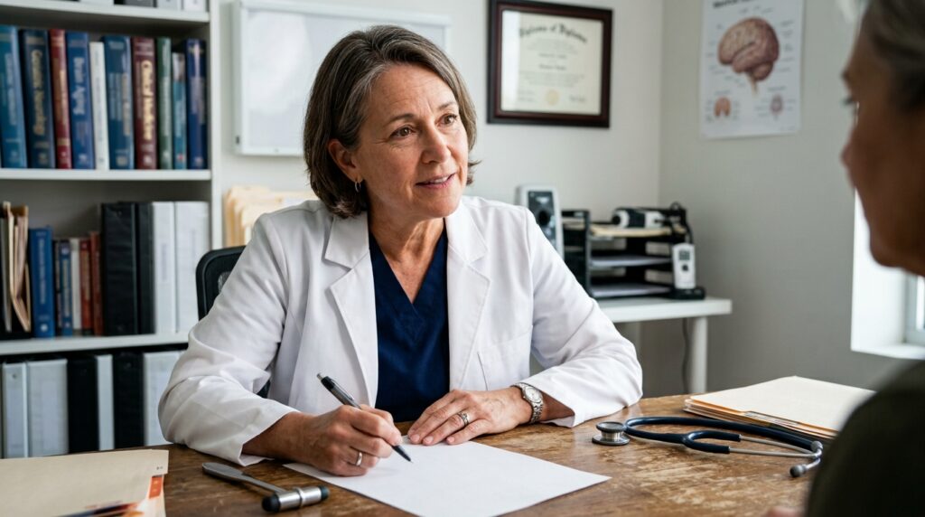 Médico neurologista analisando ficha de avaliação clínica e prestando atendimento atento em consultório.