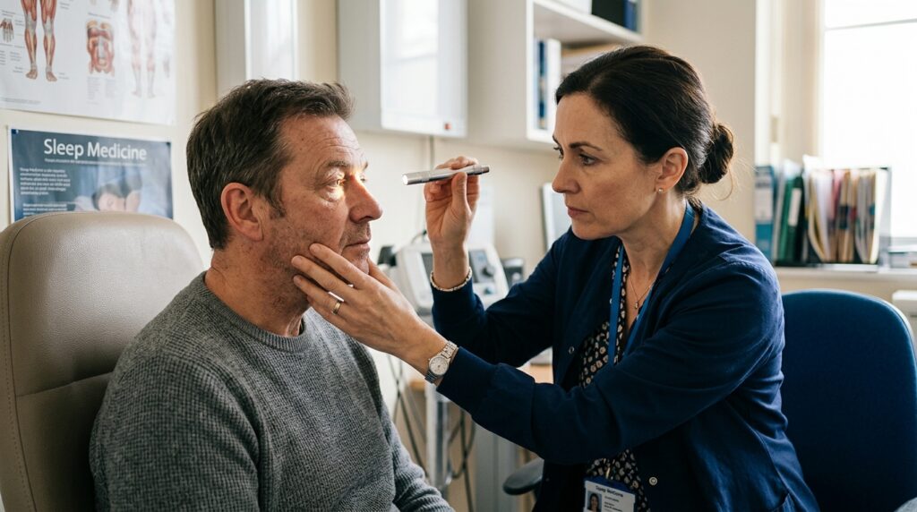 M&eacute;dico especialista examinando a microcircula&ccedil;&atilde;o e o tecido periocular de paciente em consult&oacute;rio