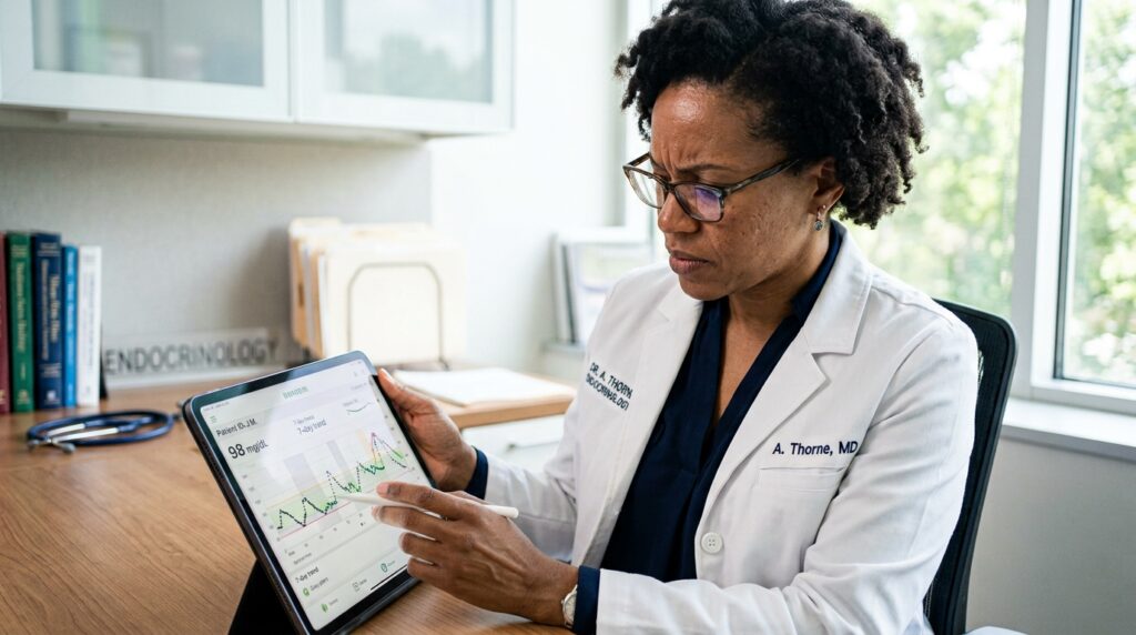 Médica endocrinologista analisando dados de glicemia pós-prandial em tablet dentro do consultório.