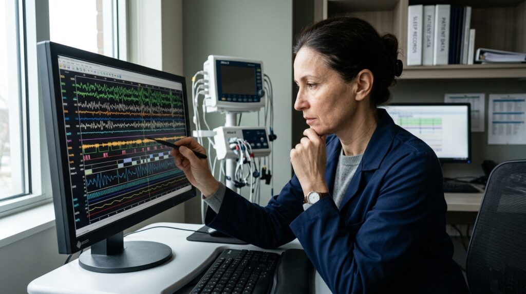 Médico especialista em medicina do sono analisando gráficos de atividade cerebral e polissonografia em monitor clínico.
