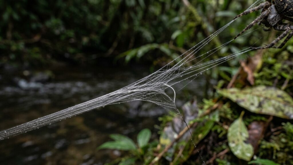 Uma aranha de Madagascar lança um fio de até 25 metros sobre o rio e ergue uma teia com seda 10 vezes mais tenaz que o Kevlar