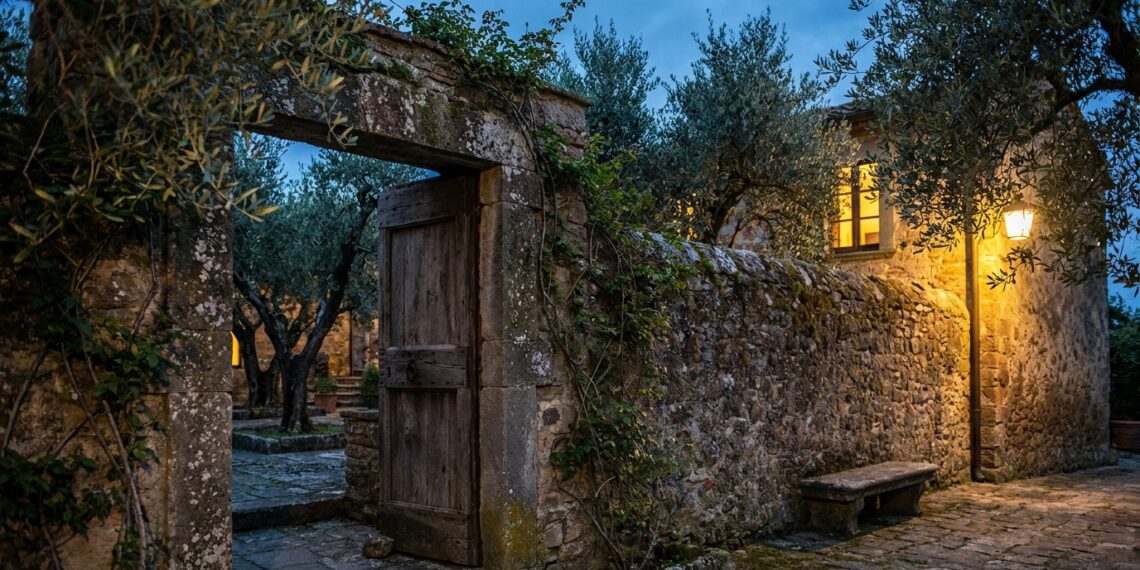 Cerca de pedra rústica antiga delimitando jardim de oliveiras sob a luz do entardecer