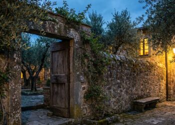Cerca de pedra rústica antiga delimitando jardim de oliveiras sob a luz do entardecer