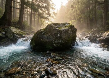 Fluxo de água cristalina contornando uma grande rocha com musgo em riacho japonês ao amanhecer