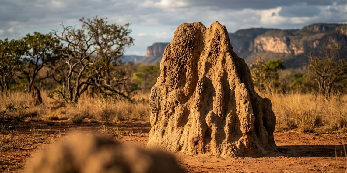 Cupinzeiro de terra vermelha na vegetação nativa do Cerrado sob luz solar na Chapada dos Veadeiros