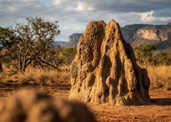 Cupinzeiro de terra vermelha na vegetação nativa do Cerrado sob luz solar na Chapada dos Veadeiros