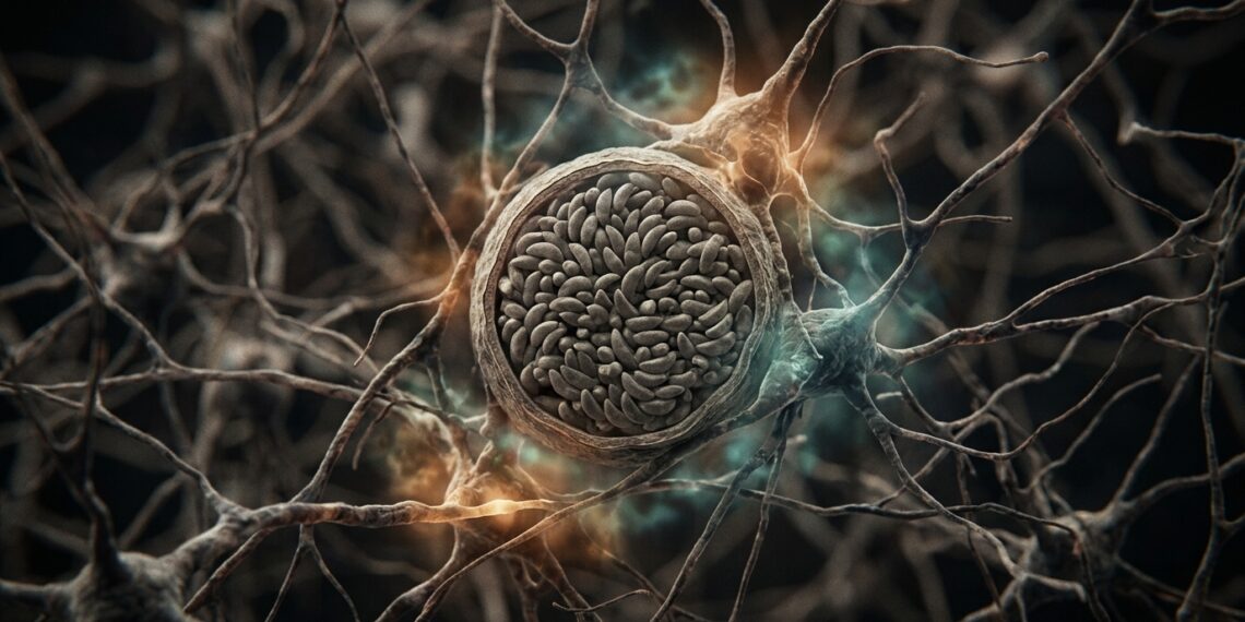Cisto microscópico do parasita Toxoplasma gondii alojado entre feixes de neurônios no tecido cerebral humano.