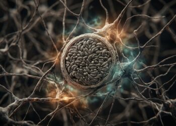 Cisto microscópico do parasita Toxoplasma gondii alojado entre feixes de neurônios no tecido cerebral humano.
