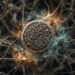 Cisto microscópico do parasita Toxoplasma gondii alojado entre feixes de neurônios no tecido cerebral humano.