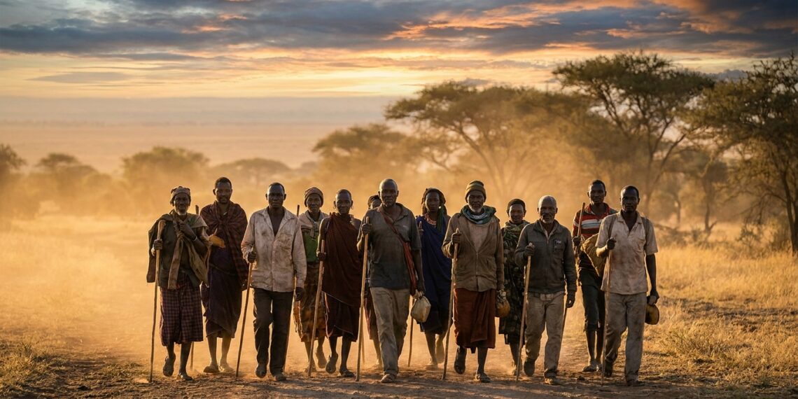 Grupo de viajantes caminhando em conjunto por uma trilha na savana ao amanhecer