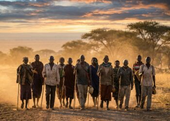 Grupo de viajantes caminhando em conjunto por uma trilha na savana ao amanhecer