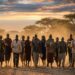 Grupo de viajantes caminhando em conjunto por uma trilha na savana ao amanhecer