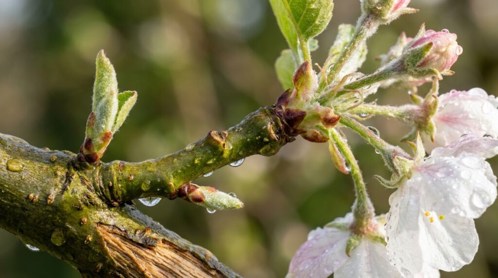 Detalhe em macro de galho verde flexível suportando tensão e novos brotos de flores desabrochando