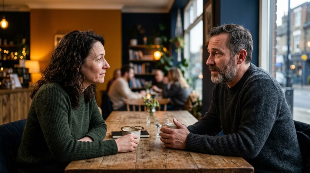 Casal em conversa franca e atenta ao redor de uma mesa de café iluminada por luz natural suave