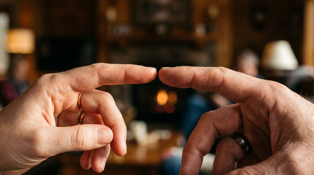 Detalhe aproximado de duas mãos separadas por um pequeno espaço sobre uma superfície clara