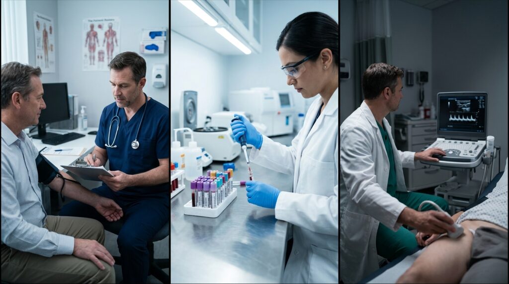 Composição em três etapas mostrando consulta médica inicial, análise laboratorial de sangue e exame de ultrassom vascular.