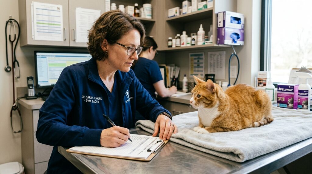 Veterinária examinando atentamente um gato deitado em mesa de consulta em consultório clínico