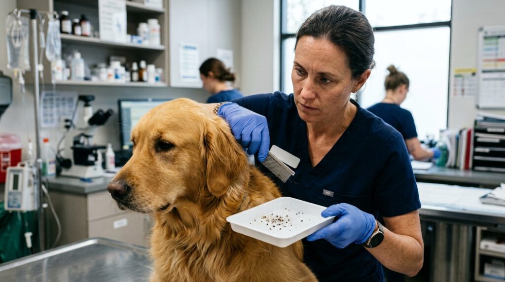 Médica-veterinária examinando a pelagem de um cão com pente fino dermatológico em consultório clínico.