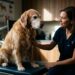 Cachorro idoso de pelagem clara sentado ao lado de veterinária durante consulta preventiva