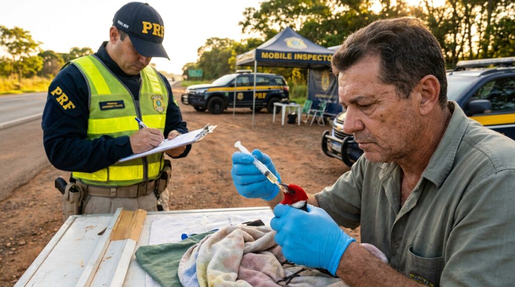Veterinário com luvas de procedimento hidratando pequeno pássaro silvestre resgatado ao lado da viatura policial.