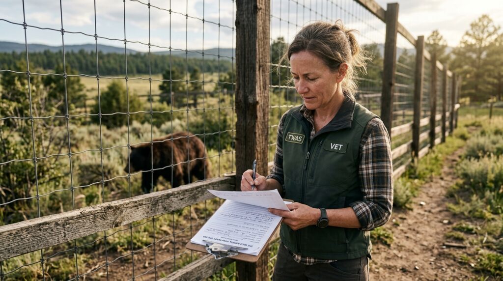 Veterinário de fauna silvestre segurando prancheta de avaliação médica diante de área de reabilitação ao ar livre.