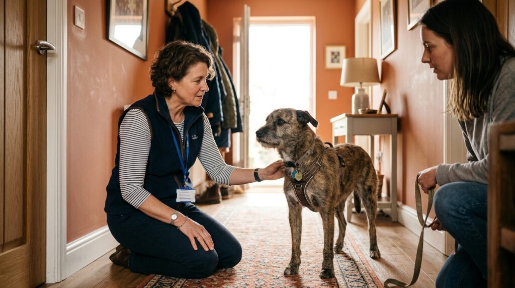 Veterinária comportamentalista ajoelhada no corredor observando a postura de um cão em relação à porta