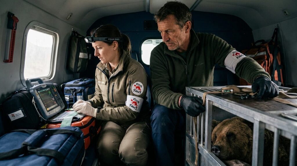 Veterinária especialista monitorando equipamentos e a caixa de transporte climatizada durante transferência internacional do urso Félix.