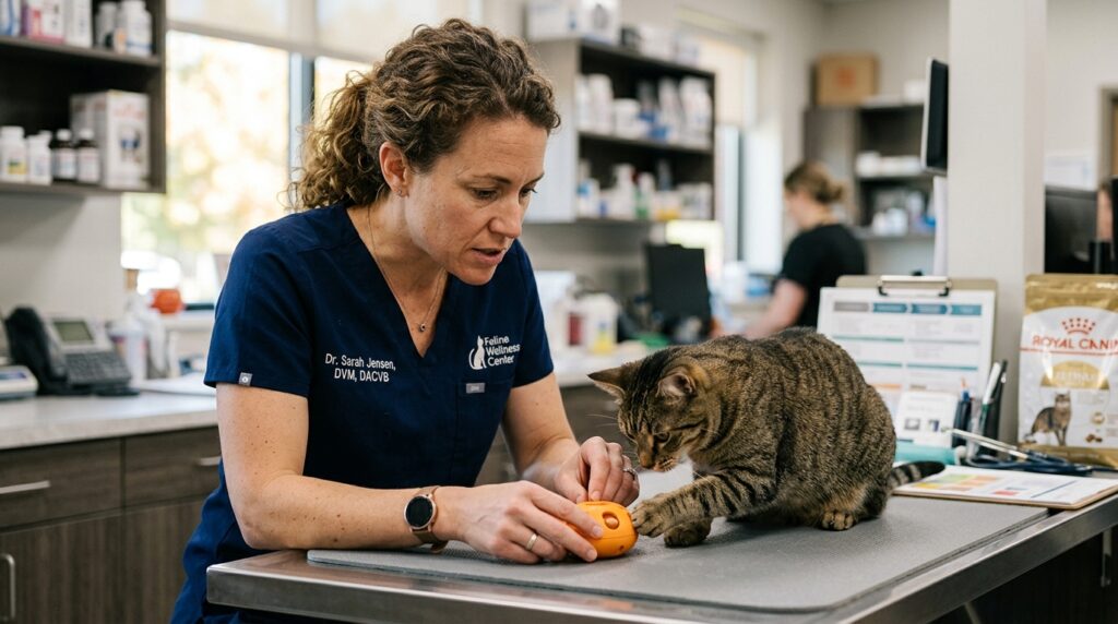 Veterinária especialista em comportamento felino demonstrando o uso de brinquedos de enriquecimento ambiental para um gato