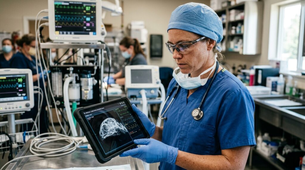 Veterinário de fauna silvestre analisando imagens radiográficas e dados clínicos em tablet dentro de hospital veterinário