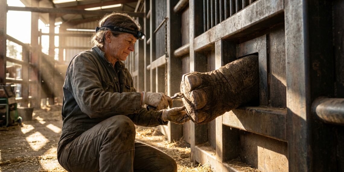 Veterinária realizando higienização na pata de um elefante posicionado atrás de uma grade de contenção de aço.