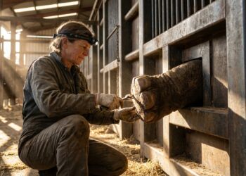 Veterinária realizando higienização na pata de um elefante posicionado atrás de uma grade de contenção de aço.