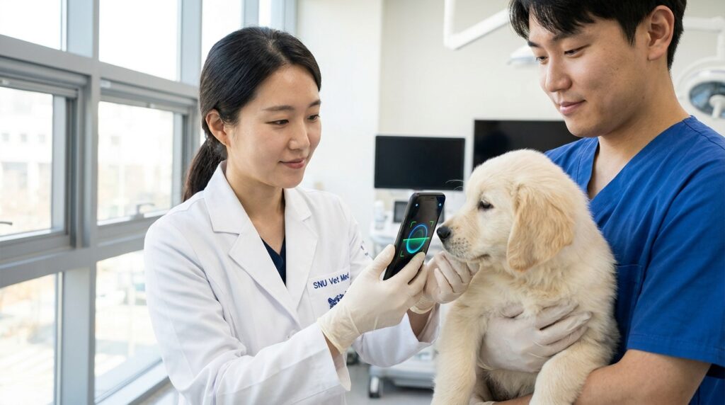 Pesquisadora veterinária em consultório usando aplicativo de celular para escanear a impressão nasal de filhote de cachorro.