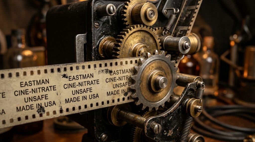 Engrenagens metálicas de projetor antigo e rolo de película cinematográfica de 35mm em foco aproximado.