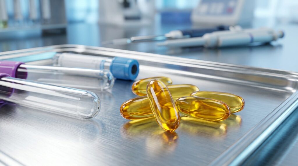 Detalhe aproximado de cápsulas translúcidas de vitamina D ao lado de tubos de coleta de sangue a vácuo