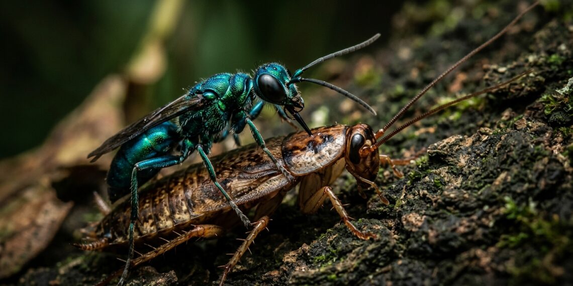 Vespa-joia verde-metálica inserindo o ferrão na cabeça de uma barata marrom sobre casca de árvore rústica.