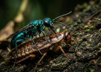 Vespa-joia verde-metálica inserindo o ferrão na cabeça de uma barata marrom sobre casca de árvore rústica.