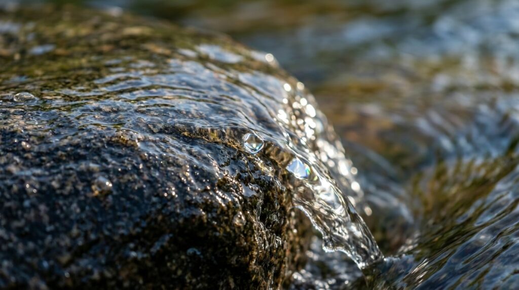 Detalhe em macro de gotas e corrente de água transparente deslizando sobre pedra de granito escuro