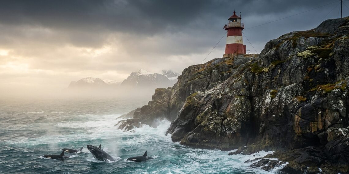 Farol centenário sobre penhasco rochoso no Ártico norueguês com baleias e orcas no mar revolto abaixo