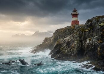 Farol centenário sobre penhasco rochoso no Ártico norueguês com baleias e orcas no mar revolto abaixo