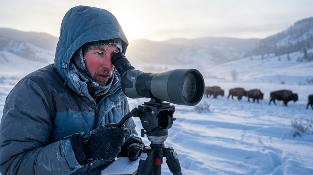 Biólogo de campo com roupas térmicas e binóculo observando manadas de bisões em vale coberto de neve