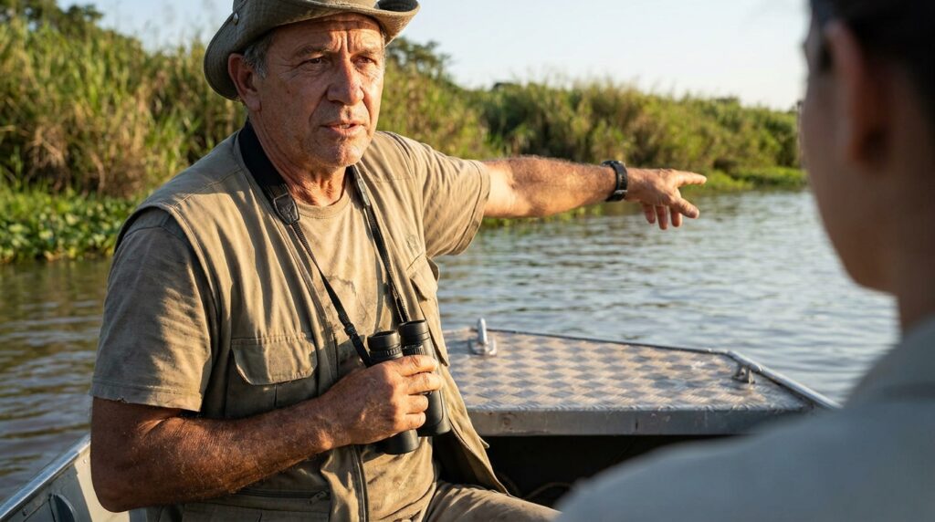 Biólogo de campo em barco de pesquisa pantaneiro observando o leito do rio durante expedição científica.