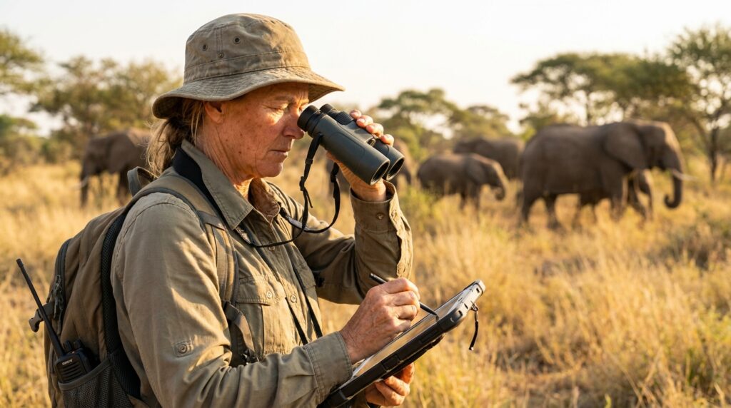 Biólogo de campo com binóculos e tablet analisando o comportamento migratório de elefantes na savana.