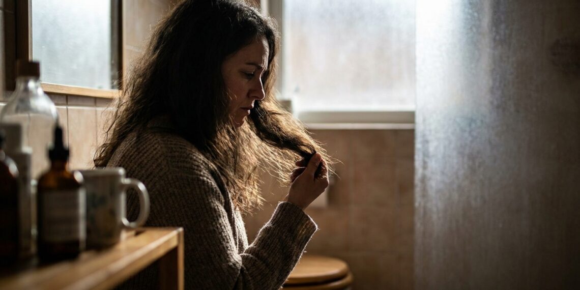 Mulher em um banheiro iluminado segurando as pontas do cabelo opaco e ressecado com expressão de preocupação.