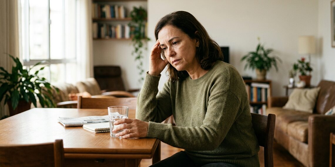 Mulher com cerca de 50 anos sentada próxima à janela segurando copo de água com expressão reflexiva sobre desconforto urinário.